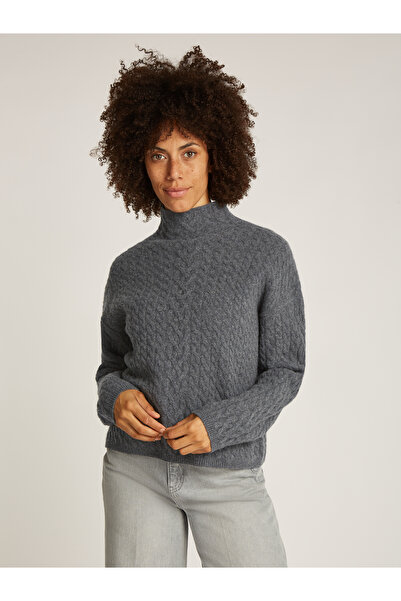 Calvin Klein Women Mid Grey Heather Soft Wool Cable Relaxed Sweater