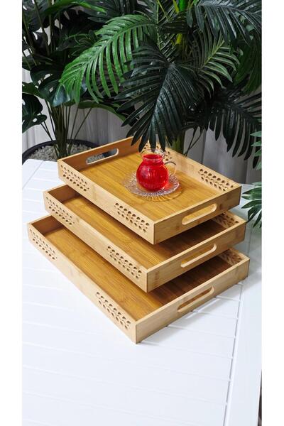 behila Bamboo 3-Layer Rectangular Presentation Tray Coffee Tea Tray