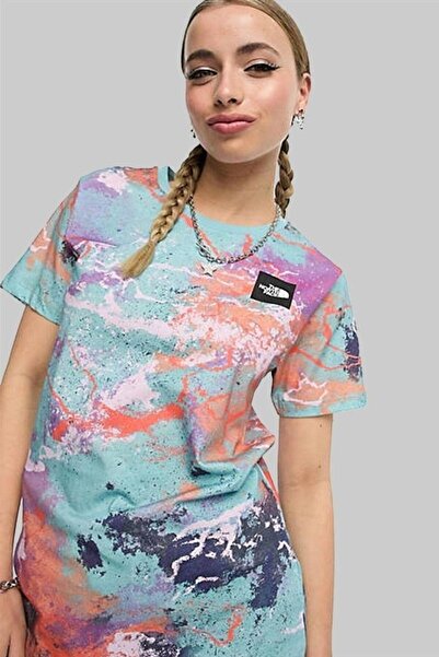 THE NORTH FACE Seasonal Fine T-shirt Multicolor Reef Waters TNF Distort Print Kadın Bol Kesim Pamukl