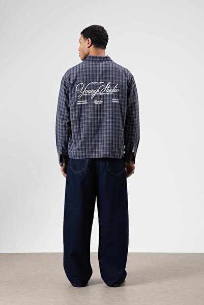 VAMOSCLO Oversize Checkered Back Printed Long Sleeve Shirt Navy Blue-Brown