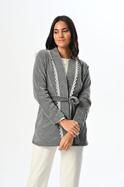 LOHOUSE Women's Smoked Lace Special Design Jacquard Cotton Maternity Pajama Set with Dressing Gown 3-Piece Pajama Set