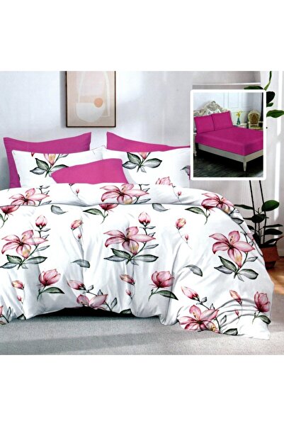 Pucioasa Lenjerie de pat cu 6 piese din finet, flori roz pe alb