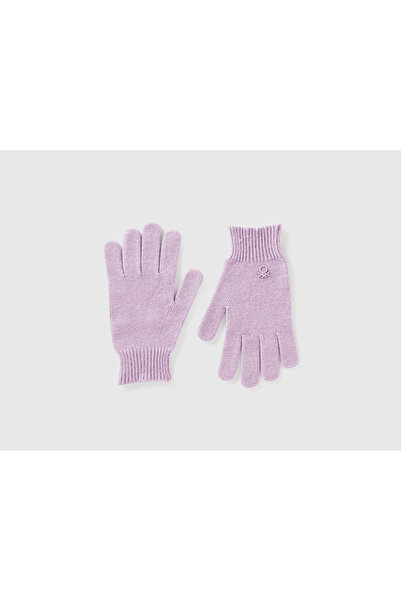 United Colors of Benetton Children's Lilac Wool and Viscose Blend Gloves with Logo Embroidery