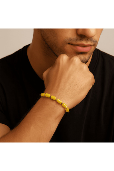 Tesbihane Macrame Braided Capsule Cut Yellow White Colored King Seccer Drop Amber Men's Bracelet