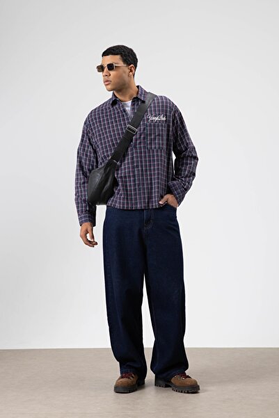 VAMOSCLO Oversize Checkered Back Printed Long Sleeve Shirt Navy Blue-Burgundy