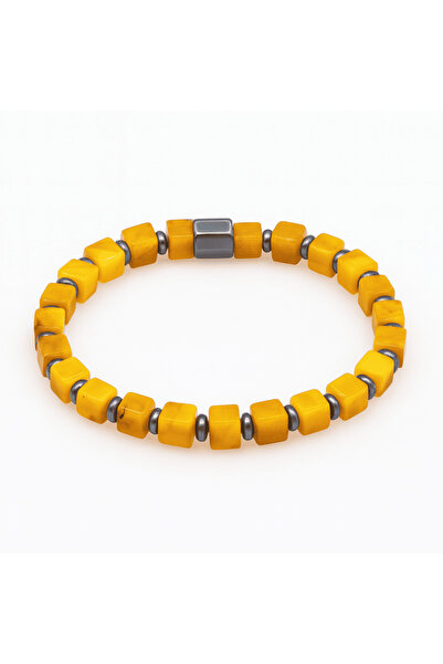 Tesbihane سوار نسائي من حجر الهيماتيت الطبيعي المختلط بقطع مكعبة بلون الخردل الطبيعي