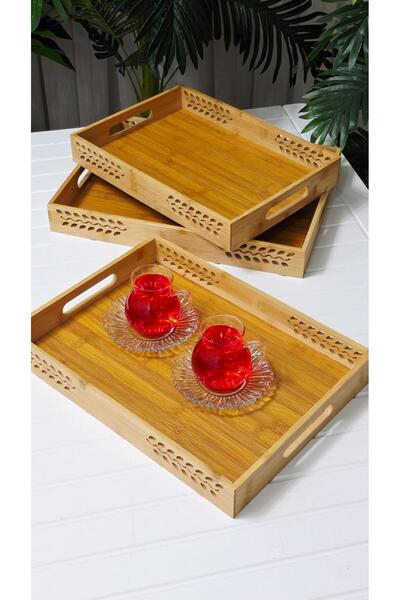behila Bamboo 3-Layer Rectangular Presentation Tray Coffee Tea Tray