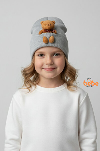 Trend Bebe Butik قبعة تريكو للفتيات بتفاصيل دب قطيفة – قبعة شتوية ناعمة من ال...