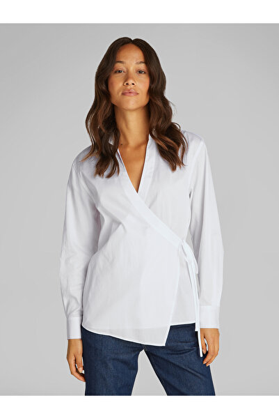Calvin Klein Women Brilliant White Long Sleeve Soft Cotton Relaxed Poplin Wrap Shirt
