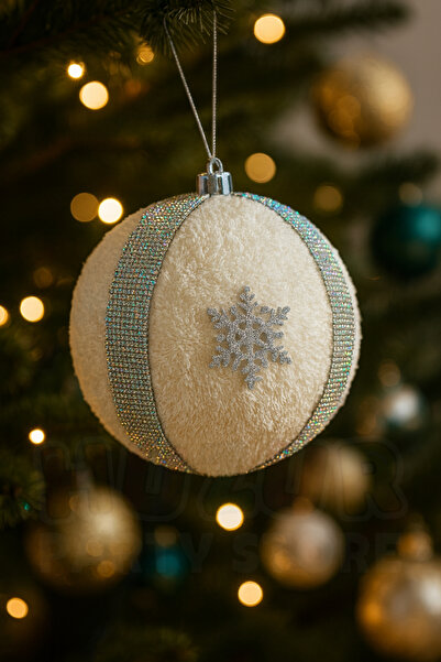 Huzur Party Store 15 см плюшева кулька з блискучою срібною стрічкою, новорічна прикраса для ялинки з візерунком сніжинок, велика прикраса для ялинки