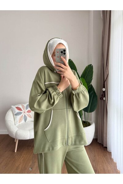 Miraydın Butik Women's Piping and Hooded Zipper Detailed Hijab Tracksuit Set M251077 - Green