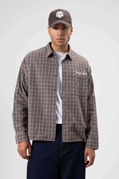 VAMOSCLO Oversize Checkered Back Printed Long Sleeve Shirt Mink-Brown