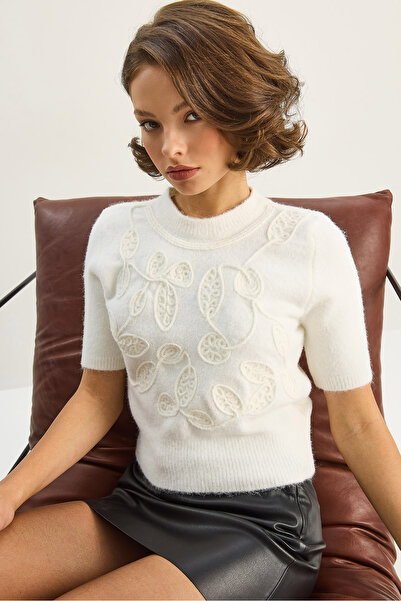 Bianco Lucci Kadın Kısa Kol Nakış Desenli Triko Kazak 5021 60283664