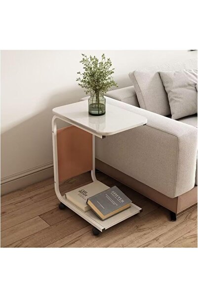 awwaline Coffee table with wheels and storage space, awwaline, wood, white, 2 levels, 30 x 45 x 65 cm