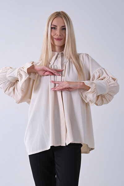 Feminist Göğüs ve Manşeti Büzgü Detaylı Bluz Taş 3972060