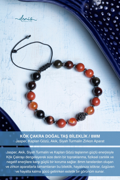 Deniz Doğal Taş Sertifikalı Kök Çakra Doğal Taş Makrome Bileklik / 8MM