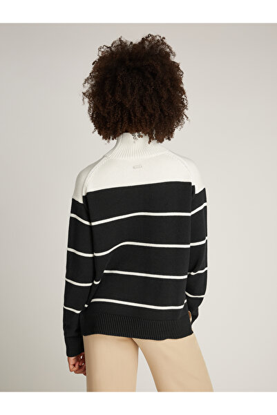 Calvin Klein Women Black / Egret Stripe Striped Knitted Turtle Neck Sweater