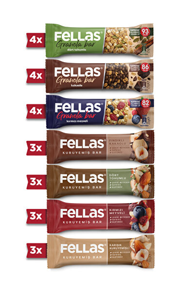 Fellas Kuruyemiş Bar Karışık Paket 30g x 12 Adet + Granola Bar Karışık Paket Protein Kaynağı 23g x 12 Adet