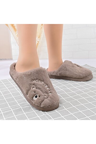 Tmall Papuci pufoși pentru femei, cu ursuleț de pluș, Furry, PD1066, maro