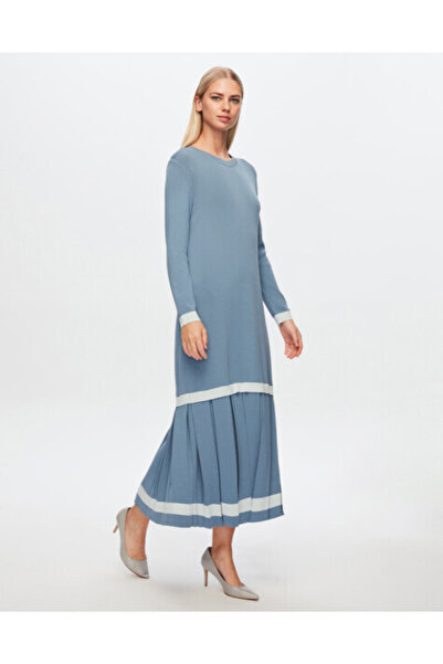 MISS DALIDA T24Y-4010 Üst Kısmı Düz Plise Detaylı Elbise 1236-BLUE
