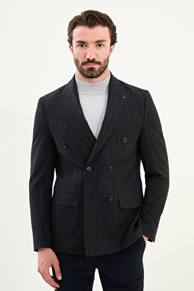 Mcr Striped Slim Fit Wide Collar Double Breasted Wool Men's Jacket Navy Blue - 41476.25K