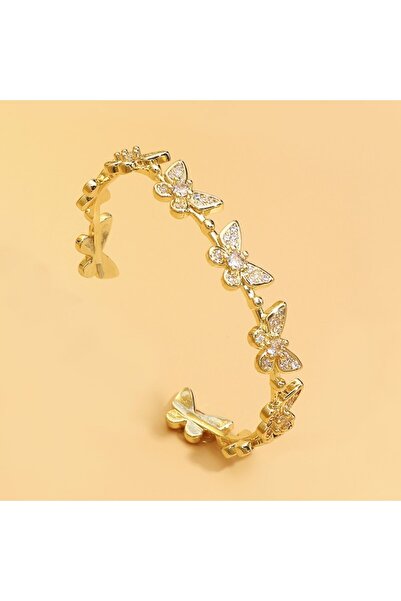 Tessero Women's Fixed Bangle Bracelet with Butterfly Design, Zircon Stones, 18K Gold-Plated, Golden - Tesser