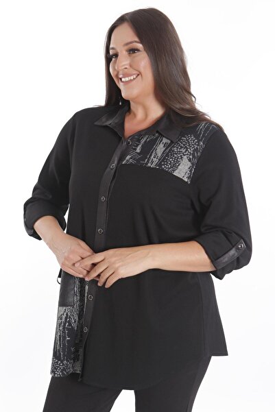 Metpoint Πλεκτό μπεζ πουκάμισο Trend42plus μεγάλου μεγέθους με μπροστινό μέρος και λεπτομέρεια δερμάτινη τσέπη