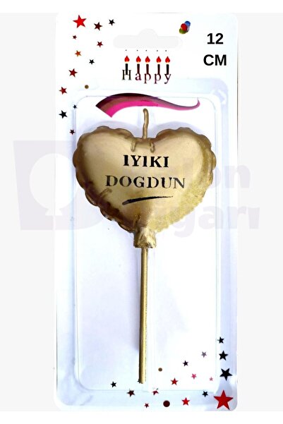 BALON DİYARI Pasta mumu Gold Kalp iyi ki doğdun yazılı 12cm büyük boy