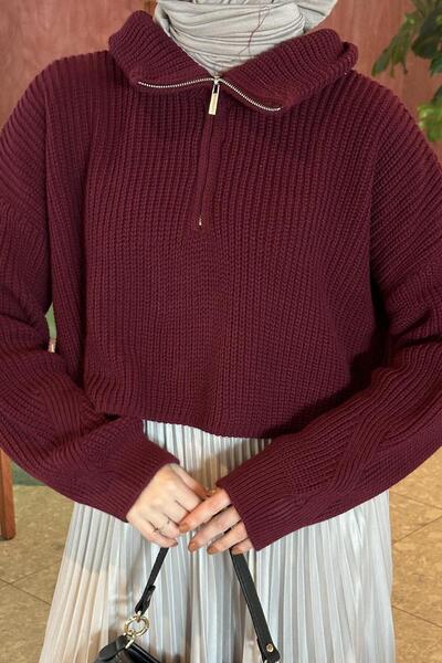 lamelif Collar Zippered Crop Knitwear Sweater Burgundy