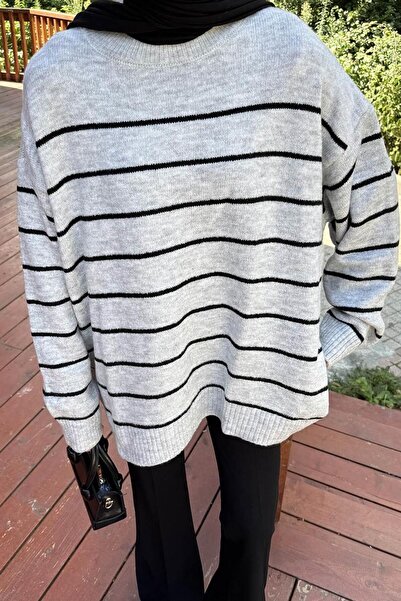 lamelif Πλεκτό πουλόβερ με ρίγες γκρι