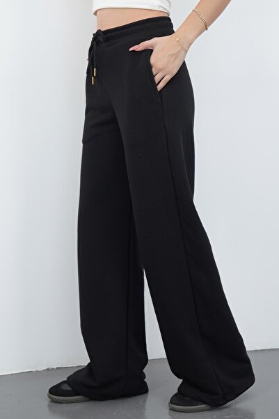 penyebizden Zenara Kadın 3 İplik Şardonsuz Pamuk Geniş Paça Siyah Eşofman Altı