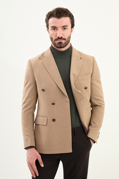 Mcr Straight Slim Fit Wide Collar Double Breasted Metal Button Men's Jacket Beige - 41479.25K