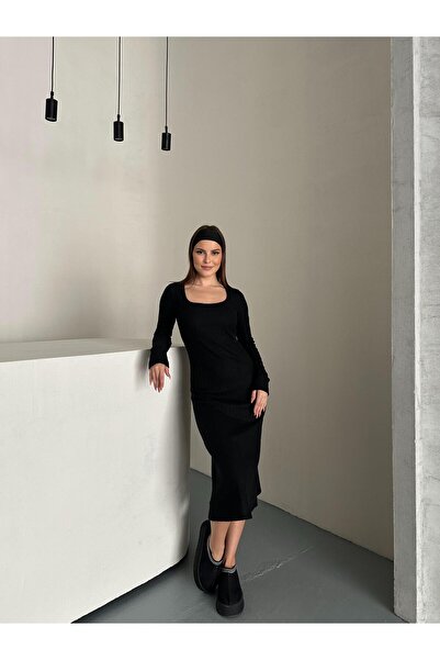 Rabi Shine فستان ميدي أسود بتصميم إنترلوك