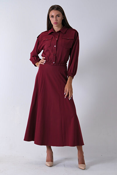 Feminist Beli Lastikli Cepli Ceket ve Etek İkili Takım Bordo 4595053