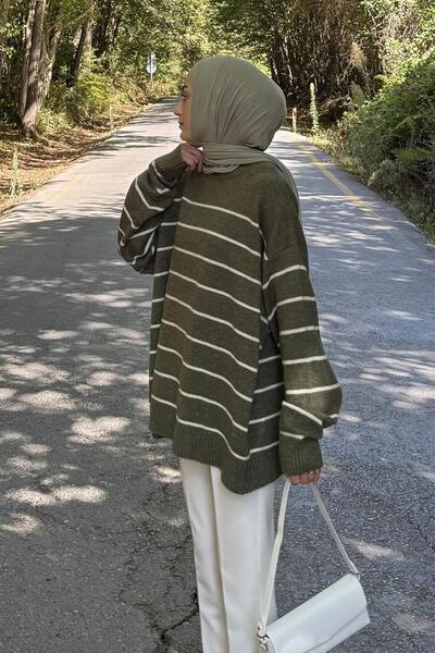 lamelif Tricotaj cu dungi Pulover Kaki