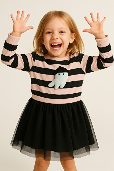 Eray Kids Kız Çocuk Çıkarılabilir Hayalet Detaylı Tüllü Sweatshirt Siyah Elbise (3-4-5-6 Yaş)