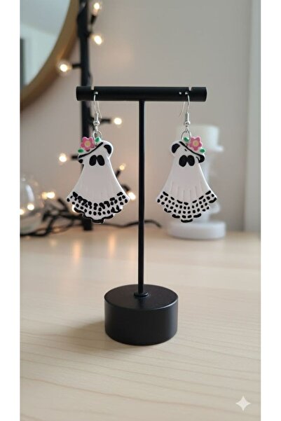 Lu Atelier Cute Ghost Earrings in Black and White Dress - - Handmade Polymer Clay Design Jewelry