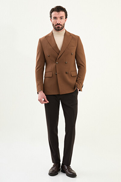 Mcr Straight Slim Fit Wide Collar Double Breasted Metal Button Men's Jacket Camel - 41479.25K