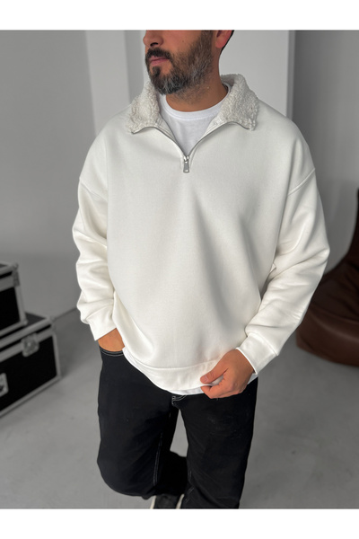 BYBASICMAN Beyaz Peluş Yaka Fermuarlı Sweatshirt YP-5023