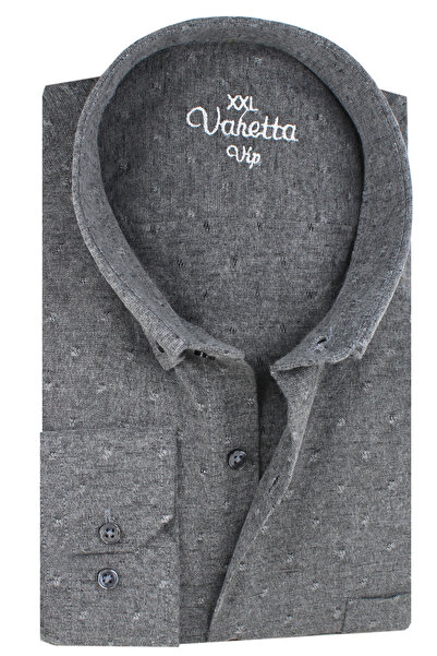 Varetta Plus Size Men's Gray Winter Woolen Lumberjack Shirt – Wide Cut Flannel Model with Pockets