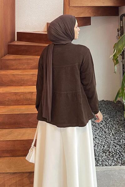 lamelif Πλεκτό πουλόβερ με κορδόνια στο λαιμό, καφέ πικρό