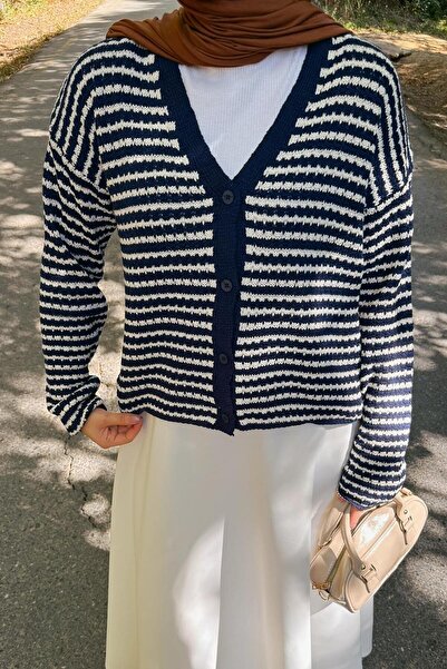 lamelif Λεπτή ριγέ ζακέτα πλεκτή σε μπλε ναυτικό