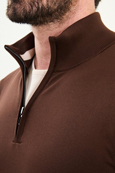 Mcr Plain Slim Fit Zippered Half Fisherman Men's Knitwear Sweater Brown - 11561.25K