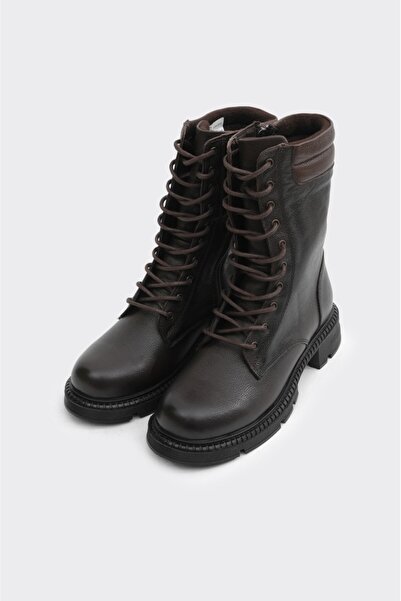 derinet Fermuarlı Bağcıklı Hakiki Deri Kadın Uzun Bot