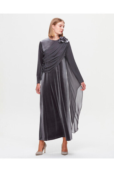 MISS DALIDA T25K-4013 Tül Detaylı Kadife Şık Gri Elbise