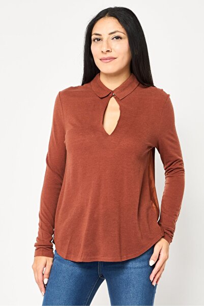 Lacoste Women Spread Collar Solid Long Sleeve Polo Shirt, Brown