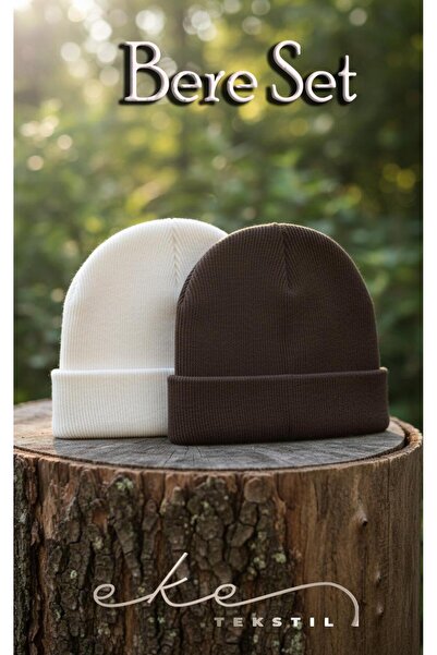 Eke Tekstil Unisex Folded White, Brown 2-Piece Beanie Set Ekebereseti̇2Li̇yeni̇