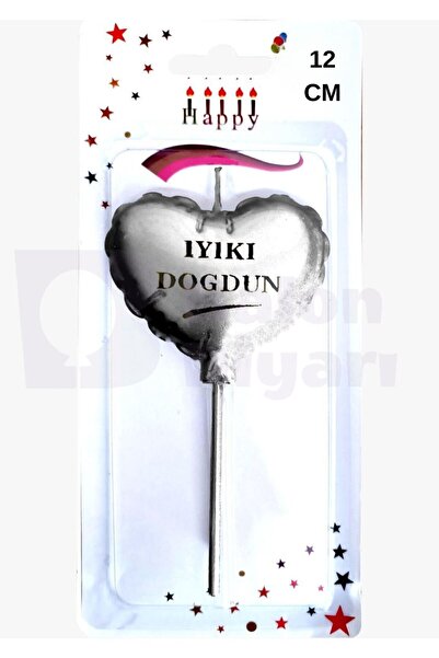 BALON DİYARI Pasta mumu Gümüş Kalp iyi ki doğdun yazılı 12cm büyük boy