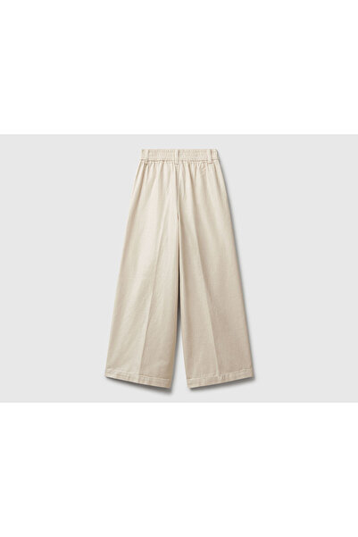 United Colors of Benetton Girl's Ecru Buttoned Pocketed Denim Trousers with Elastic Waist at the Back