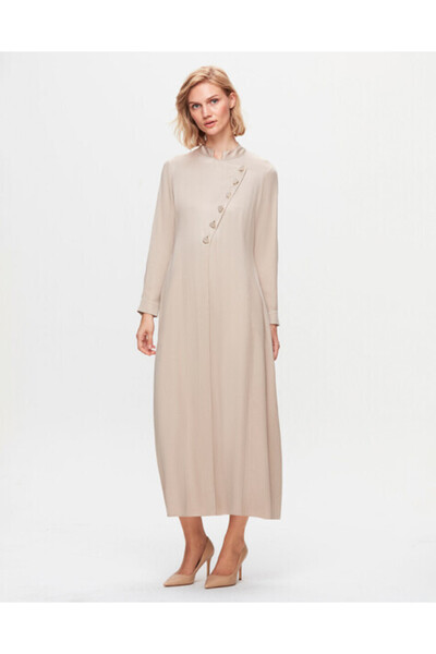 MISS DALIDA T25K-4001 Renkli Düğmeli Cupro Elbise STONE